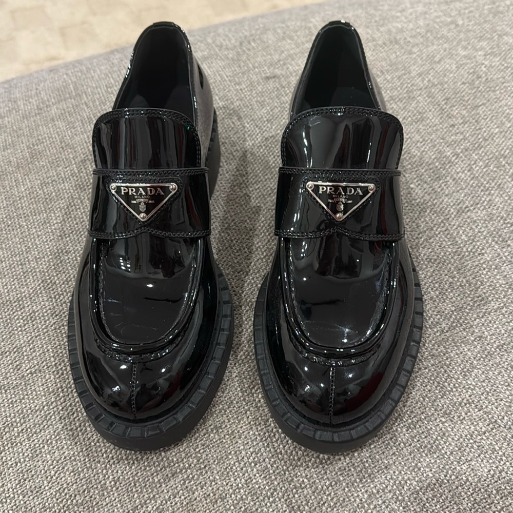 Prada Black Patent Leather Loafers, new 37.5